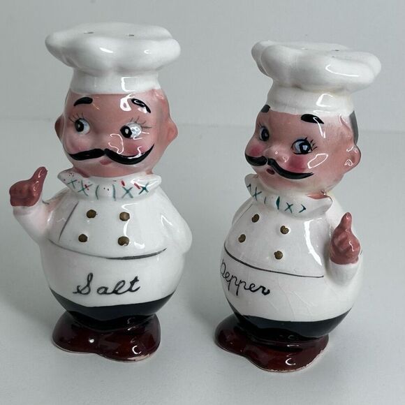 Vintage Japan Made Italian Chef Salt And Pepper Shakers 4.5" Black White Ceramic - Picture 2 of 8